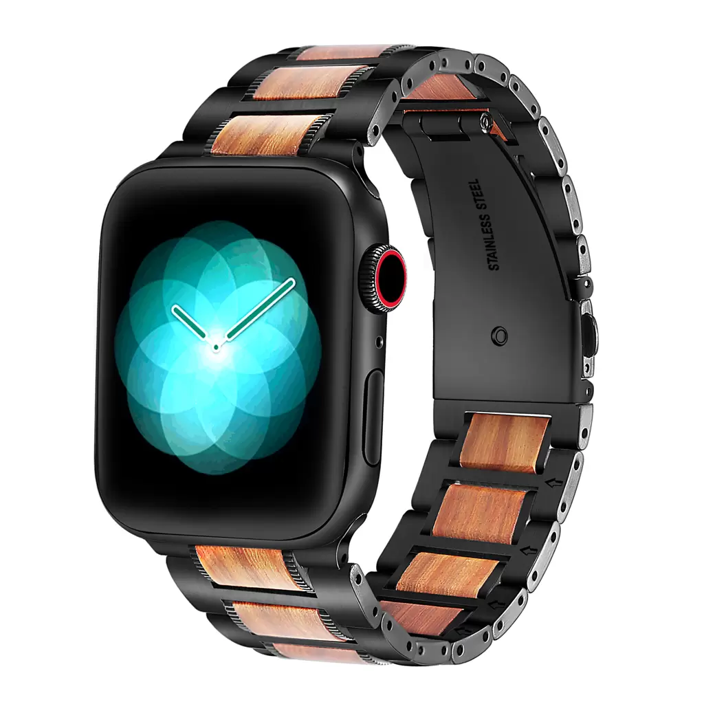 XPRO Apple Watch rozsdamentes acél fa berakással szíj Fekete / Barna 42mm/44mm/45mm/49mm