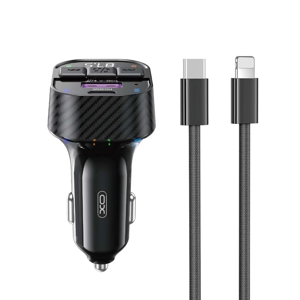 XO BCC17 FM Transzmitter Autós Töltő 30W, USB-C/Lightning kábellel a csomagban