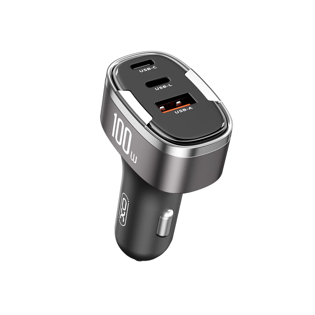 XO CC61 Szürke Autós Töltő 100W PD QC 3.0 - 1db USB-C + 1db USB-A + 1db Lightning foglalattal