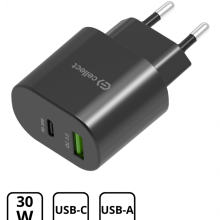 Hálózati gyorstöltő adapter 30W USB-A és C csatlakozóval, Fekete